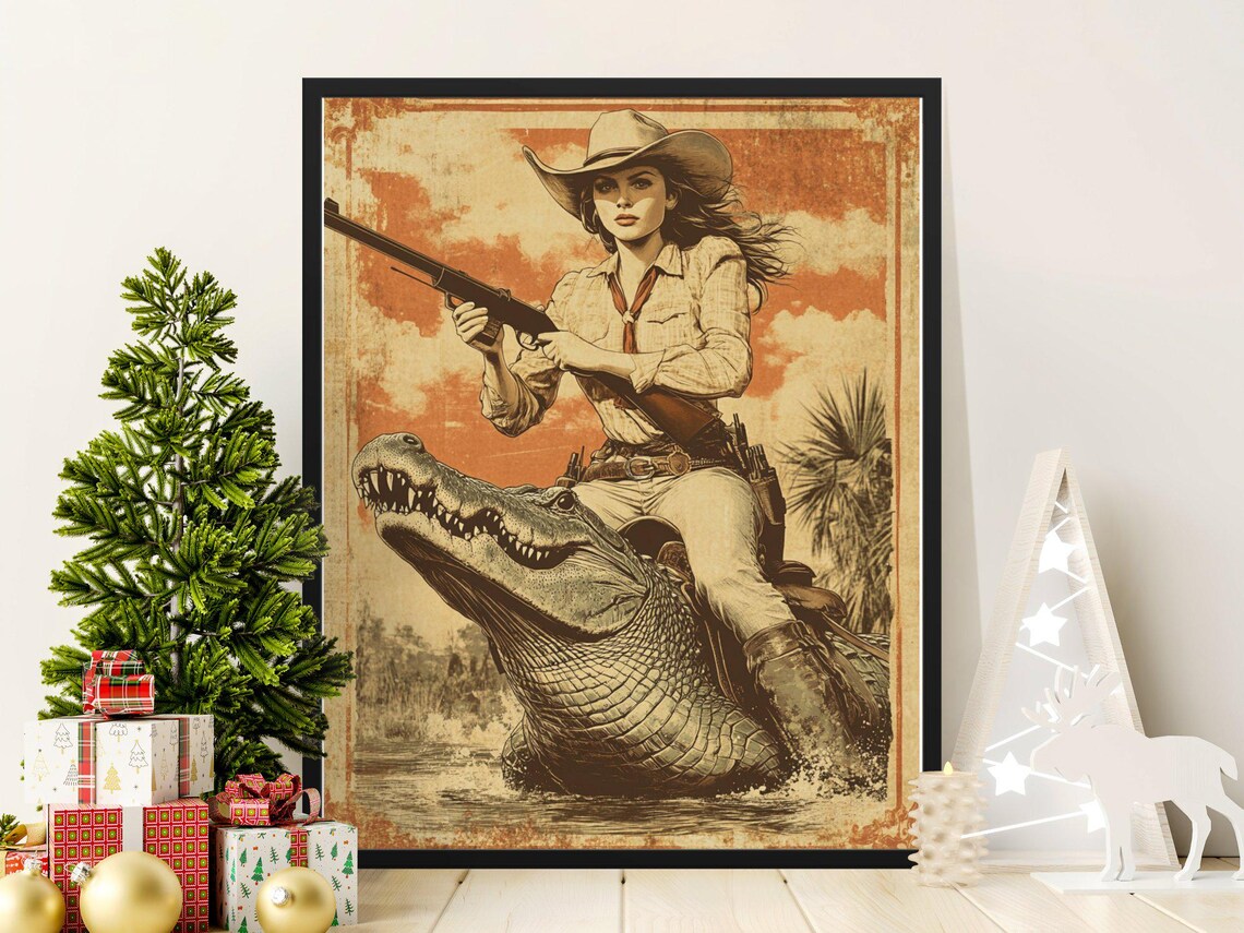Cowgirl With Rifle Riding Alligator Sepia Western Adventure Poster
