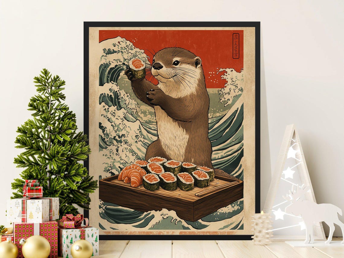 Cute Otter Holding Sushi Great Wave Kawaii Japanese Kitchen Wall Art