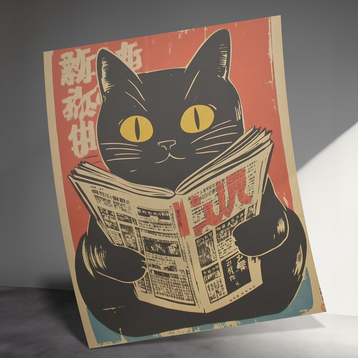Japanese Black Cat Reading Newspaper Retro Style Funny Cat Poster - Image 3