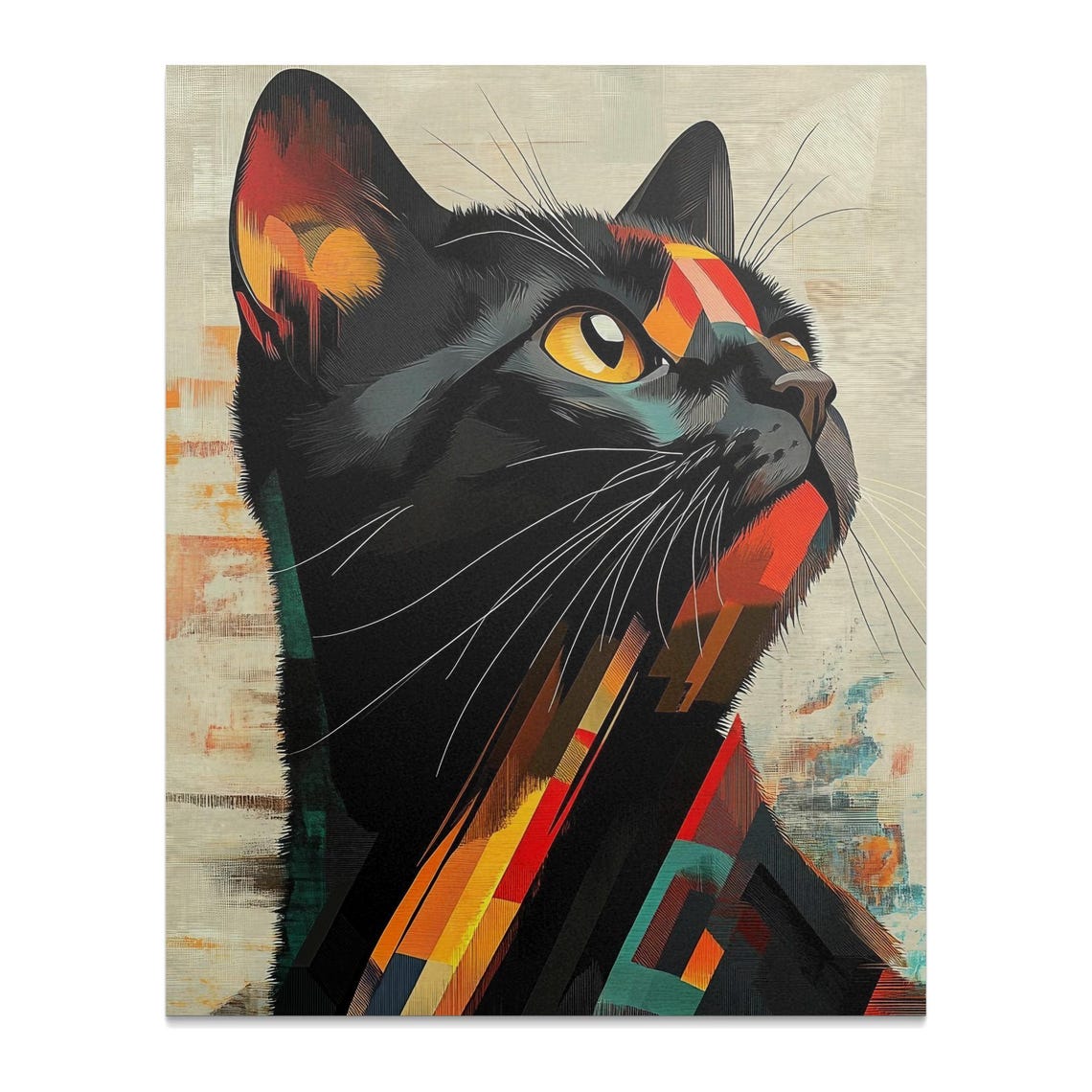 Abstract Geometric Black Cat Portrait Modern Colorful Feline Wall Art - Image 2