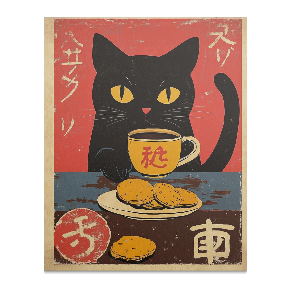 Black Cat Coffee And Cookies Japanese Retro Style Vintage Wall Poster - Image 3