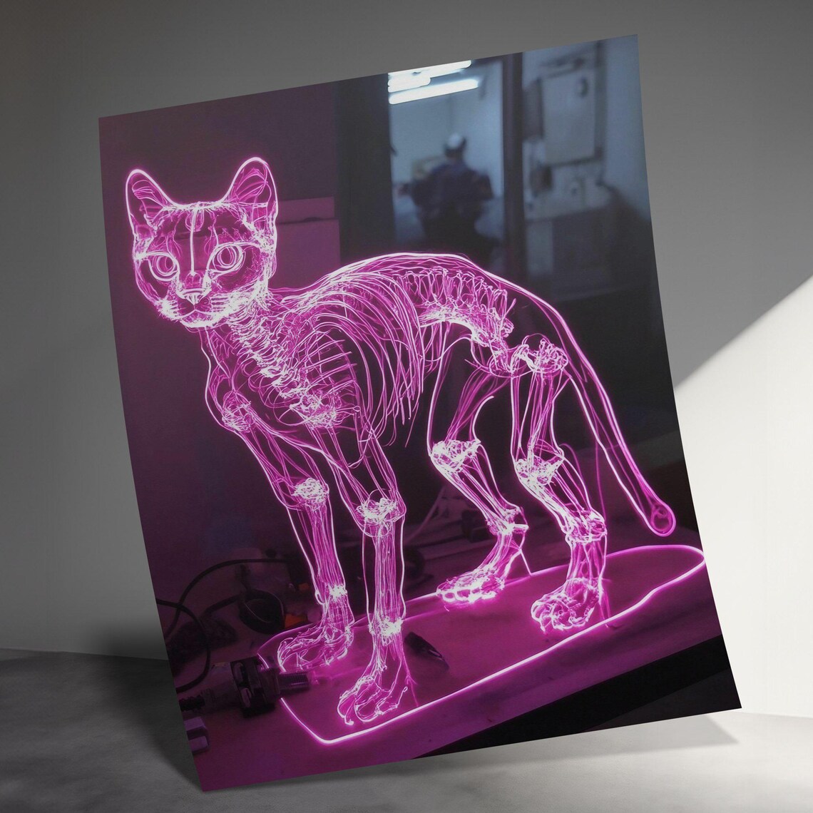 Neon Pink Cat Skeleton Glowing Wire Sculpture Dark Modern Wall Art - Image 3