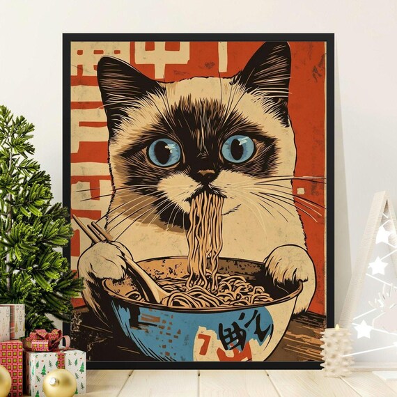 Siamese Cat With Blue Eyes Eating Noodles Retro Japanese Ramen Art Poster