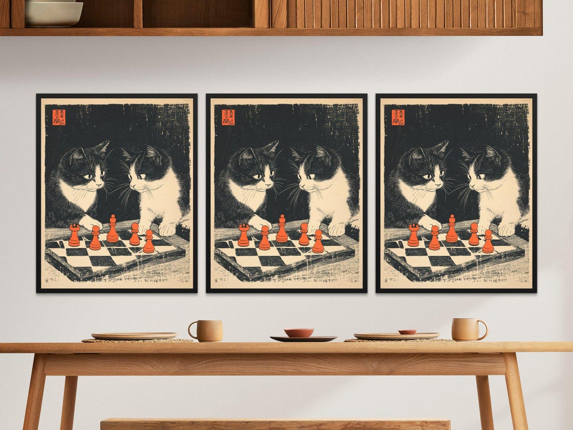 Tuxedo Cats Studying Chess Red Pieces Dramatic Japanese Art Poster - Image 2