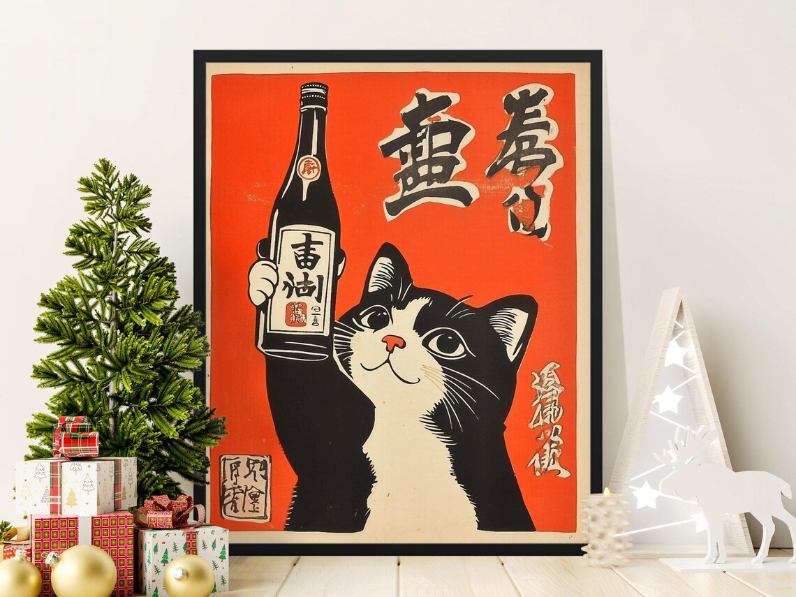 Tuxedo Cat Holding Sake Bottle Red Retro Japanese Bar Decor Party Art Poster - Image 2