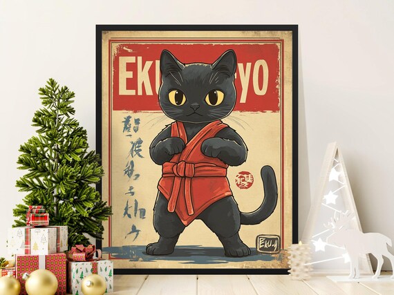 Karate Kitten in Red Gi Fighting Stance Vintage Japanese Martial Poster
