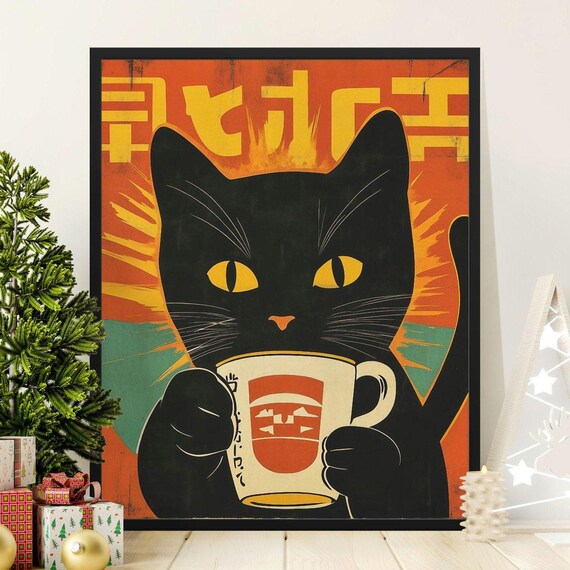 Black Cat Coffee Mug Morning Brew Vintage Japanese Kitchen Poster