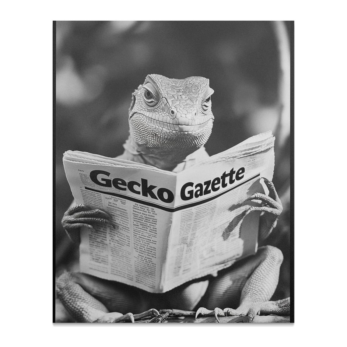 Gecko Reading Gecko Gazette Newspaper Black And White Reptile Wall Art - Image 2
