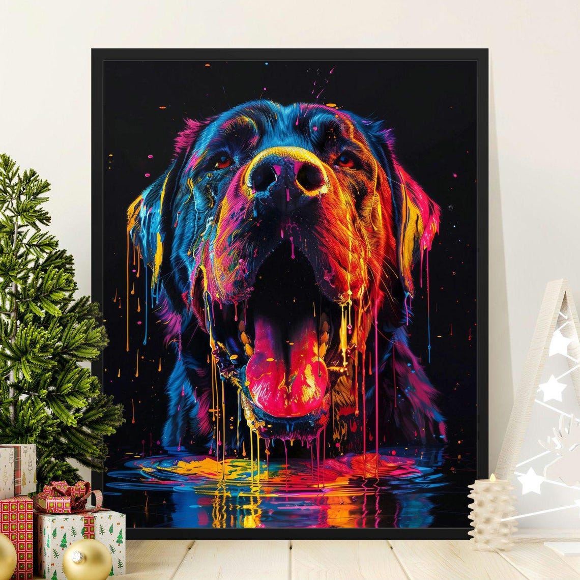 Vibrant Rottweiler Neon Drip Abstract Colorful Dog Portrait Poster
