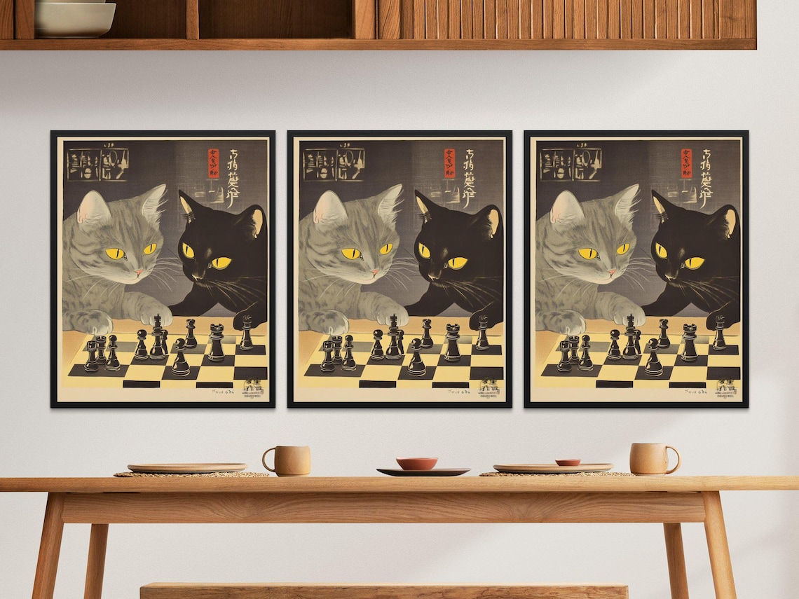 Cute Cats Playing Chess, Vintage Cat Art Print - Image 2
