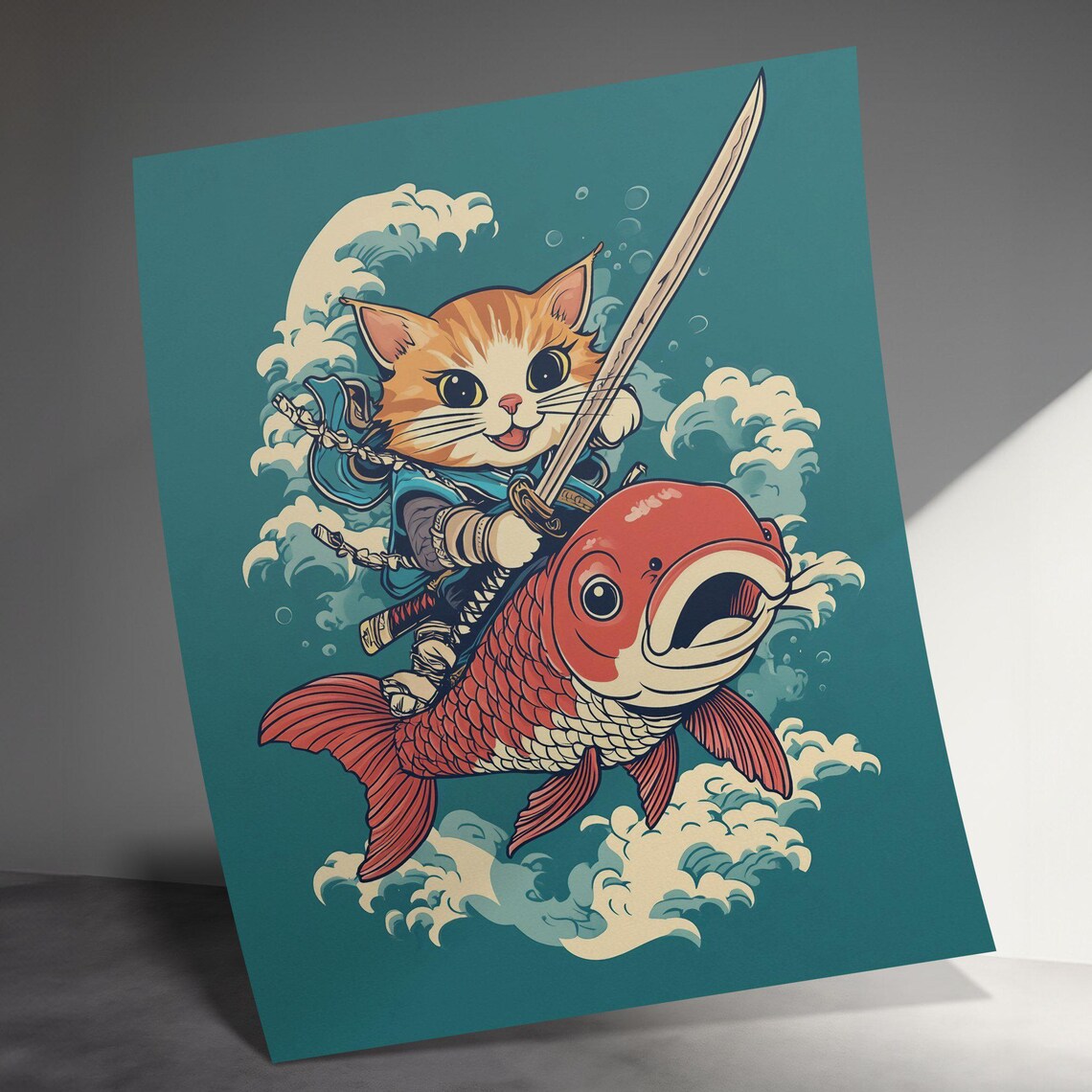 Samurai Kitten Riding Red Koi Fish Japanese Wave Adventure Cute Cat Poster - Image 3