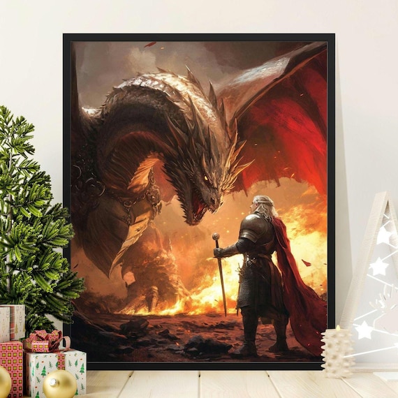 Armored Knight Facing Colossal Dragon Flames Epic Fantasy Battle Poster