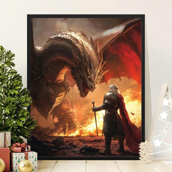 Epic Fantasy Dragon Battle Poster Knight Facing Fierce Dragon Art Print Dramatic Dark Fantasy Wall Decor Fire And Flames Hd Print