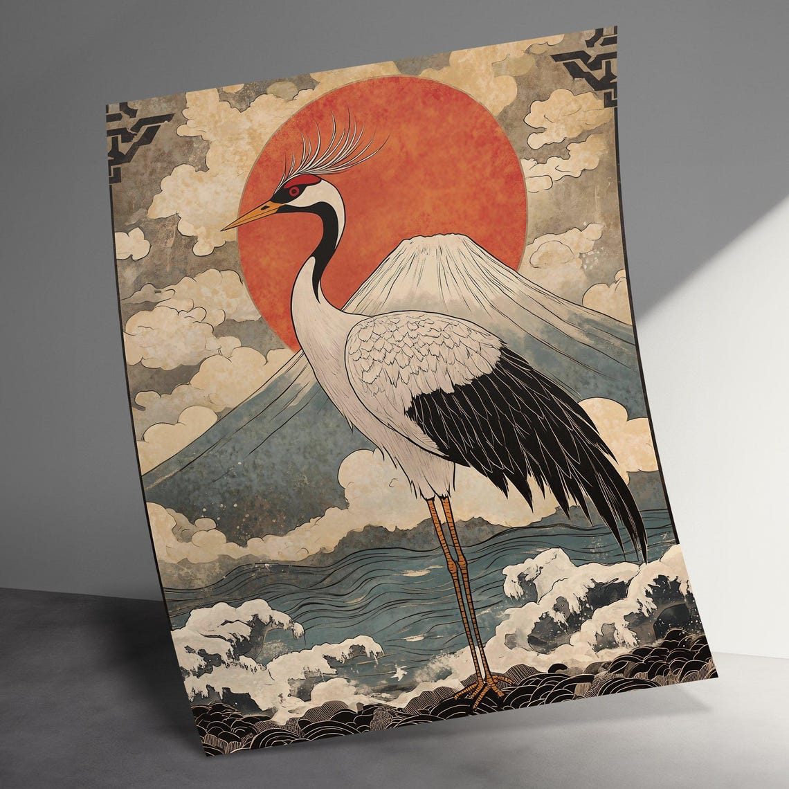 Red Crowned Crane Red Sun Mount Fuji Japanese Ukiyo-e Waves Poster - Image 3