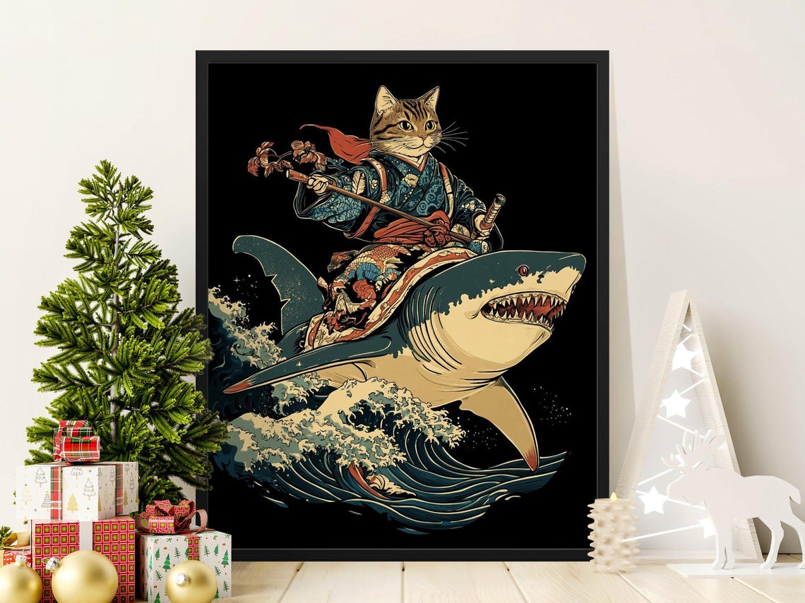 Samurai Cat Riding A Shark Great Wave Japanese Fantasy Poster - Image 3
