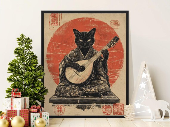 Black Cat Lute Player Japanese Kimono Rising Sun Vintage Music Art Poster