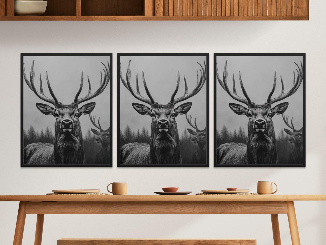Majestic Rustic Deer Stag Portrait Black And White Forest Wall Art - Image 2