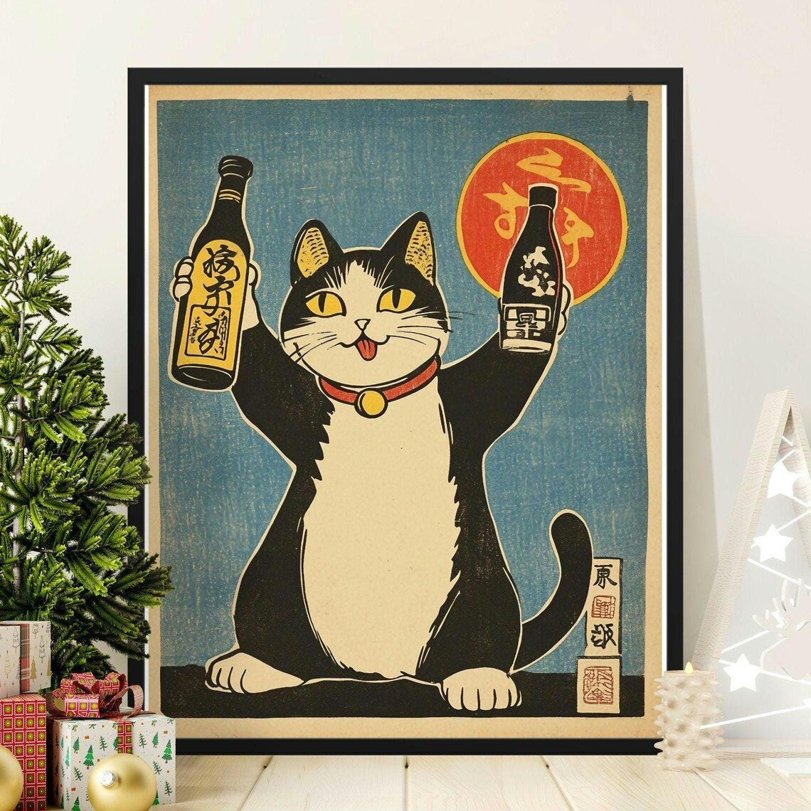 Vintage Lucky Cat Raising Sake Bottles Ukiyo E Japanese Good Luck Poster
