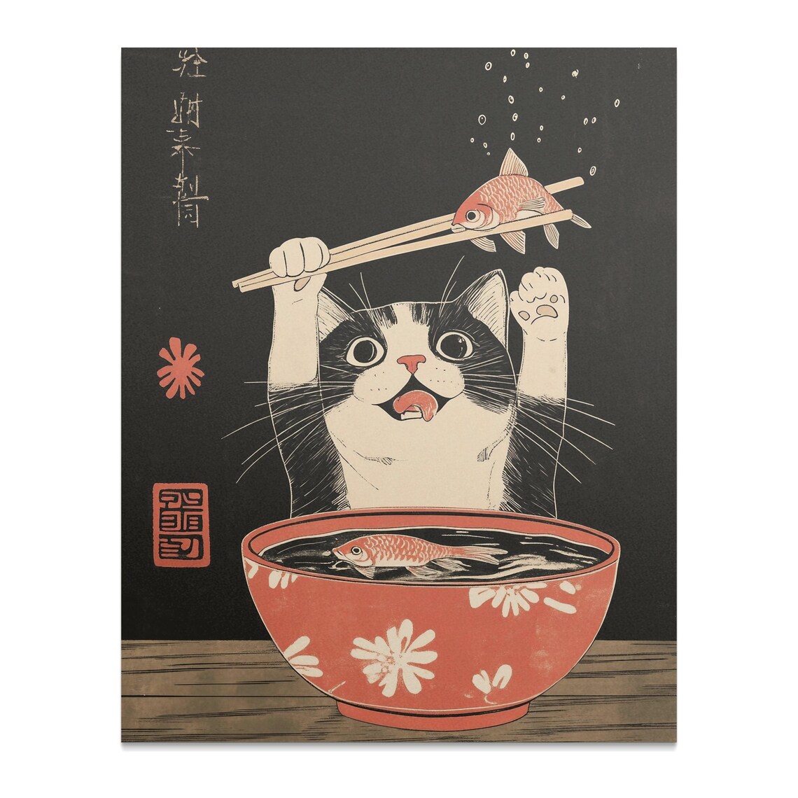 Tuxedo Cat Holding Fish With Chopsticks Red Bowl Japanese Art Print - Image 2