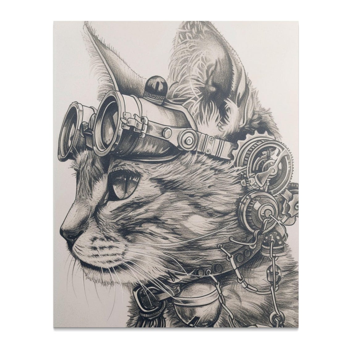 Steampunk Cat With Goggles Gears Mechanical Pencil Sketch Art Poster - Image 3