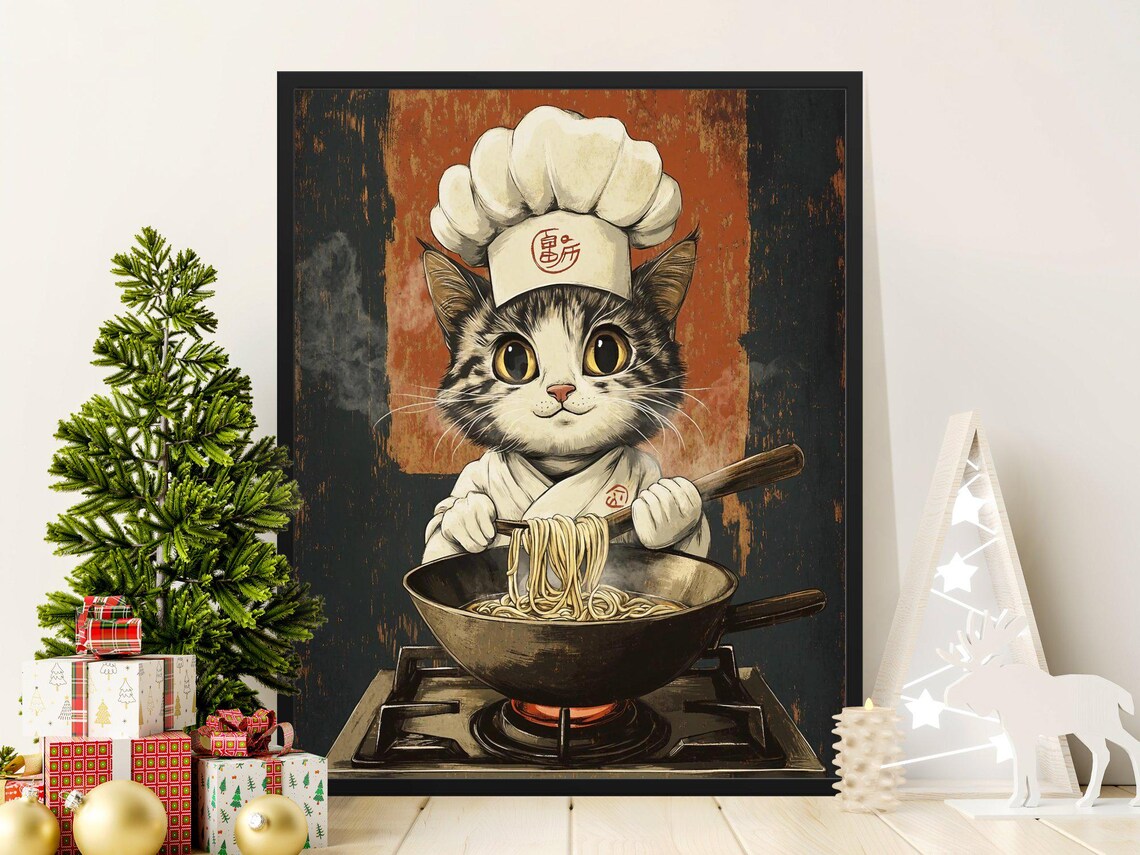 Cat Chef Cooking Noodles Wok Cute Retro Japanese Kitchen Art Poster