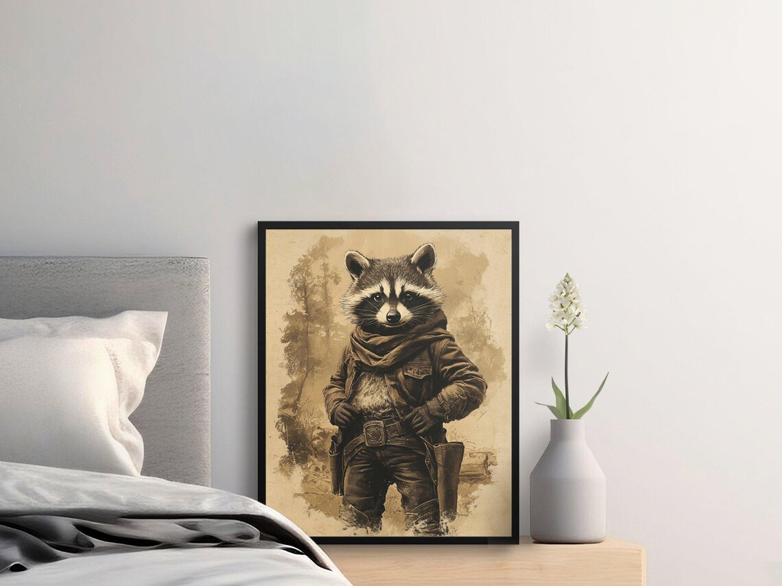 Raccoon Cowboy With Gun Belt Vintage Western Animal Character Poster - Image 2