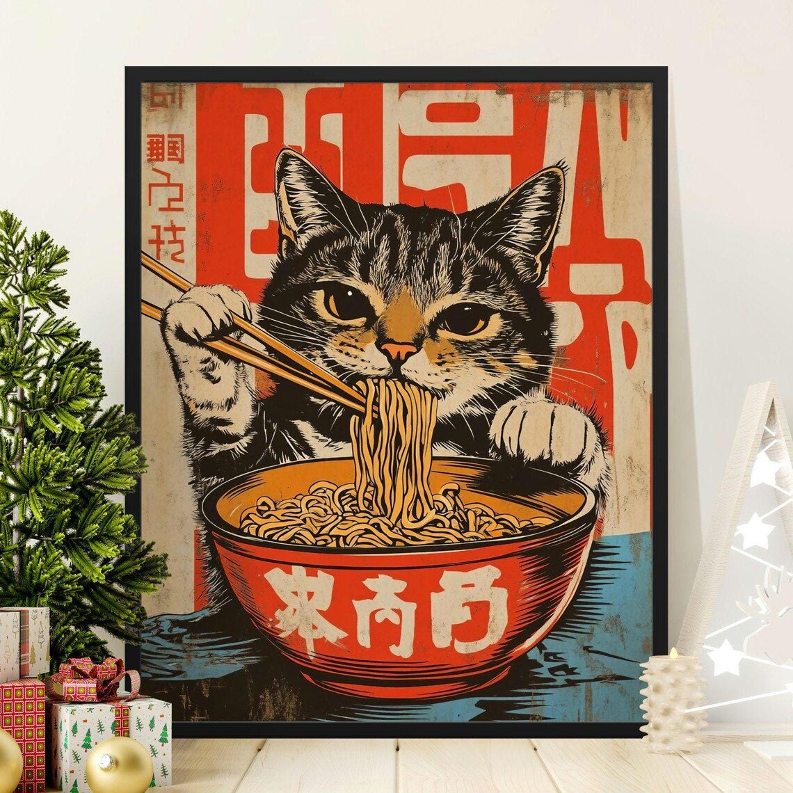 Vintage Cat Eating Noodles, Retro Kitchen Art Print