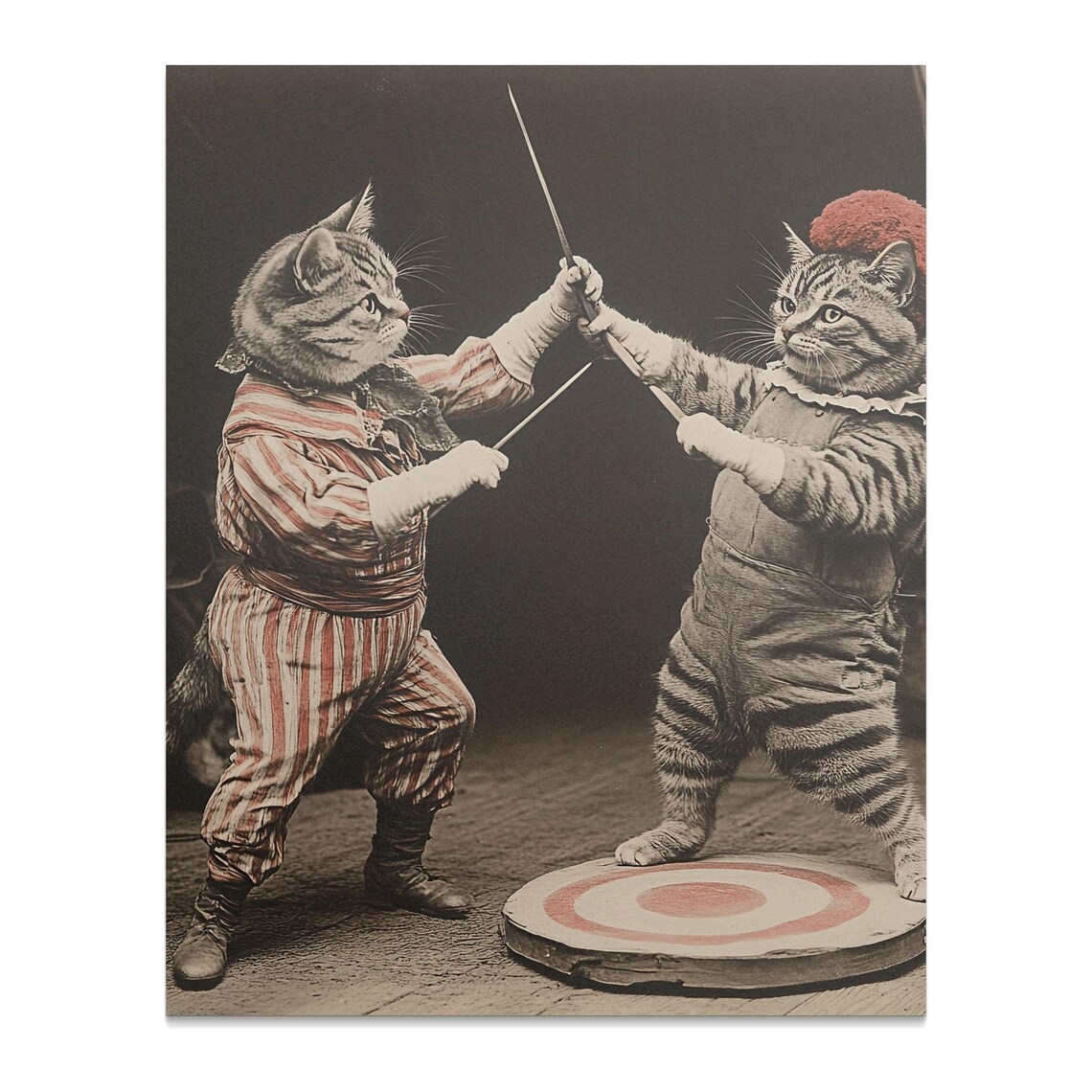 Vintage Cats Fencing Duel Sepia Photograph Quirky Retro Wall Art - Image 2