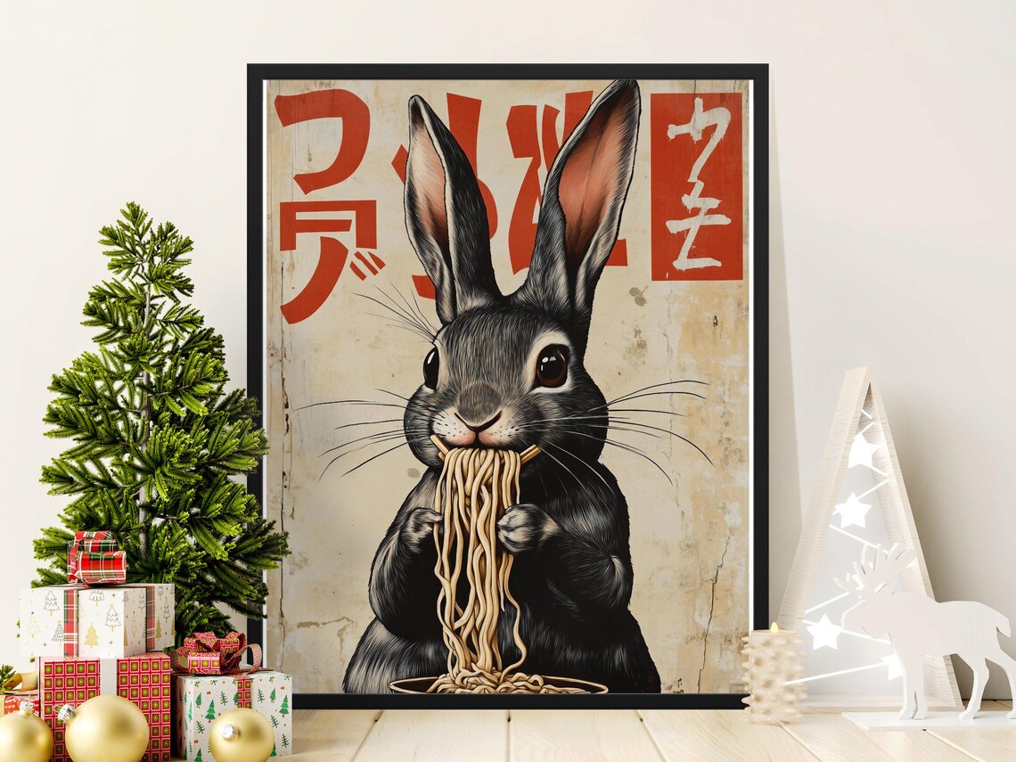 Cute Rabbit Eating Noodles Retro Japanese Kitchen Bunny Wall Decor Poster