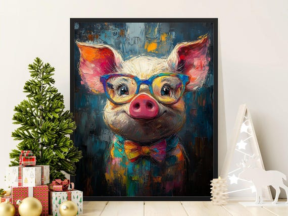 Cute Pig Wall Art Pig Poster With Glasses Funny Animal Poster Quirky Pig Painting Bold Colorful Pig Print Whimsical Pig Artwork