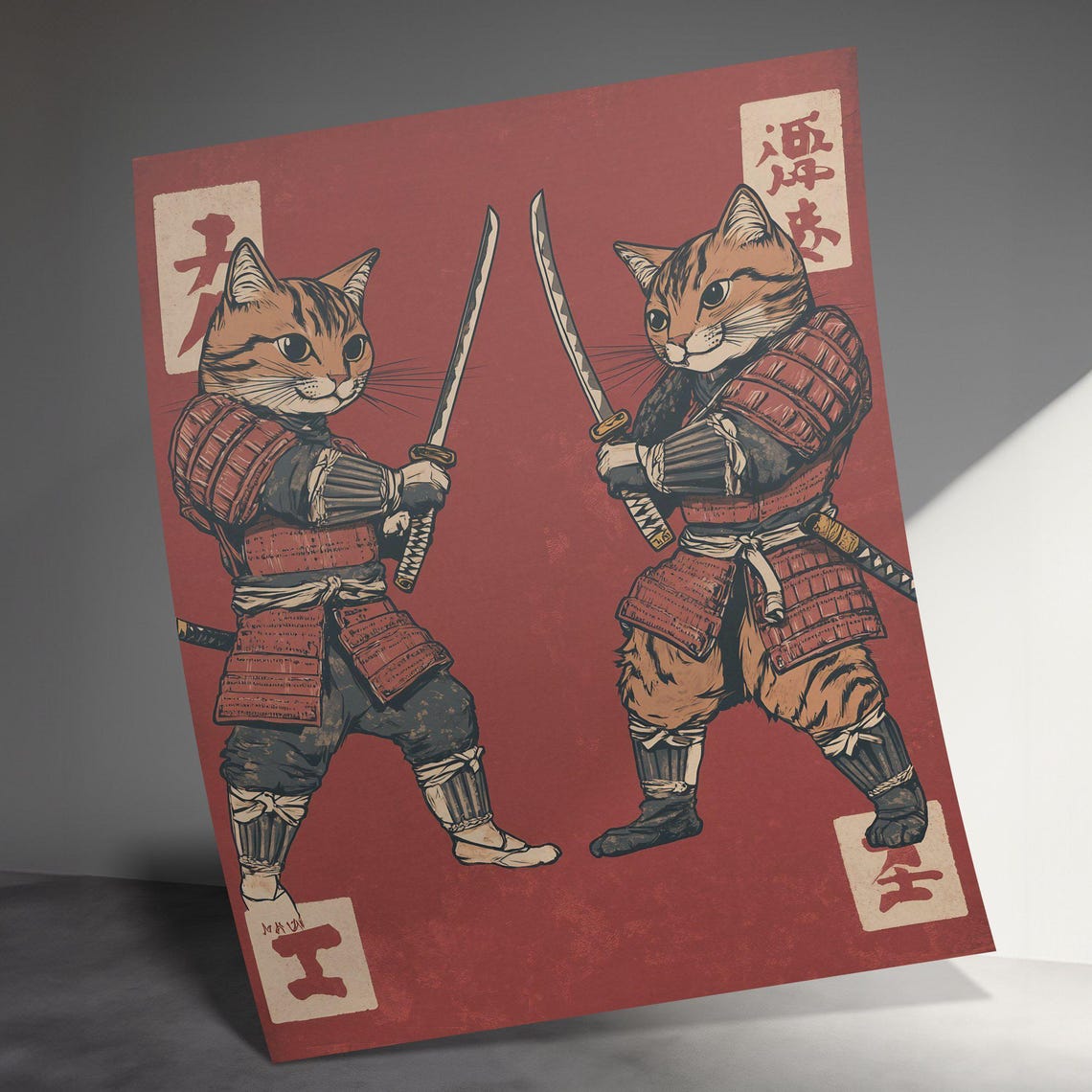 Samurai Tabby Cats Sword Standoff Red Japanese Warrior Wall Art Poster - Image 3