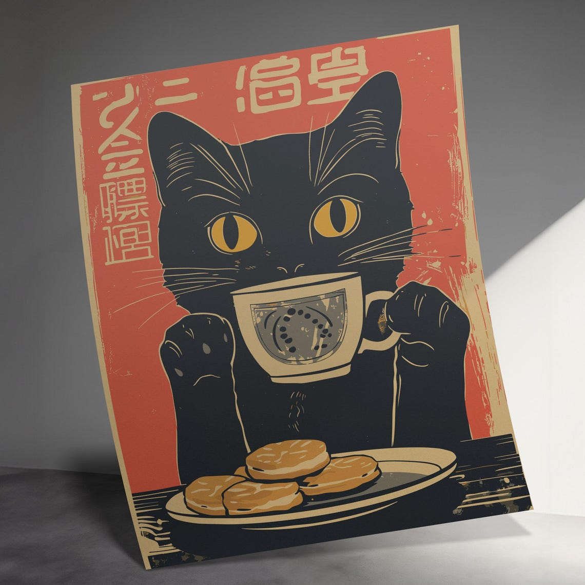 Black Cat Drinking Tea Retro Japanese Poster With Cookies Wall Art - Image 3