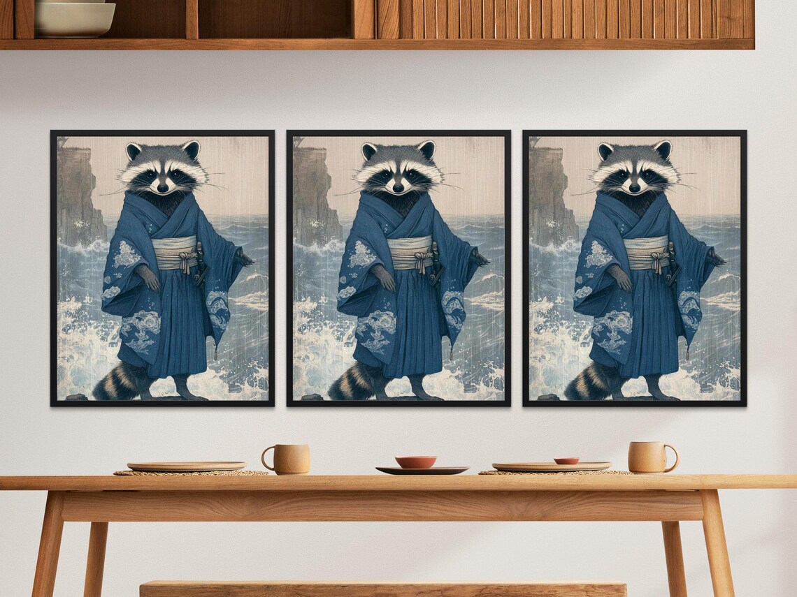 Raccoon In Blue Kimono Ocean Waves Japanese Style Wall Art Poster - Image 2