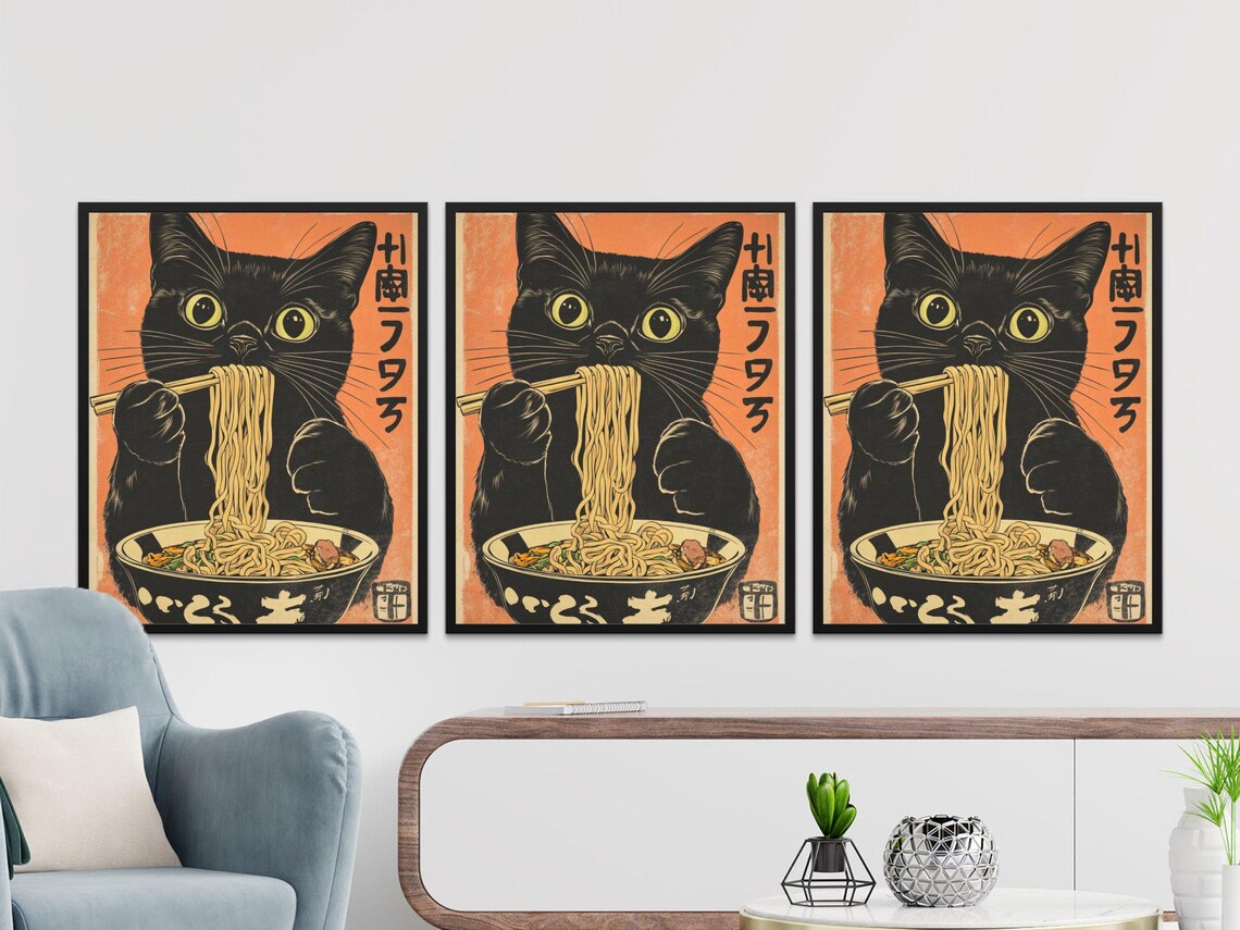 Vintage Cat Eating Ramen Noodles, Funny Cat Art Print - Image 2