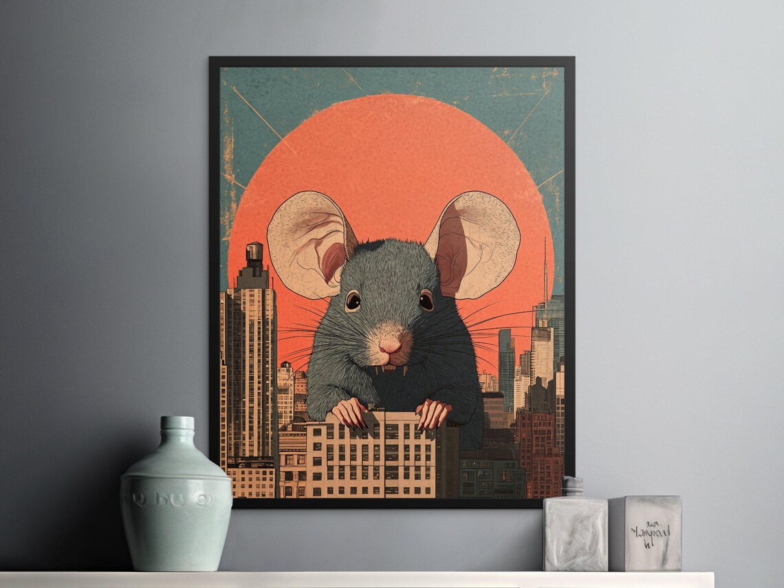 Giant Mouse City Sunset Orange Retro Surreal Funny Animal Poster