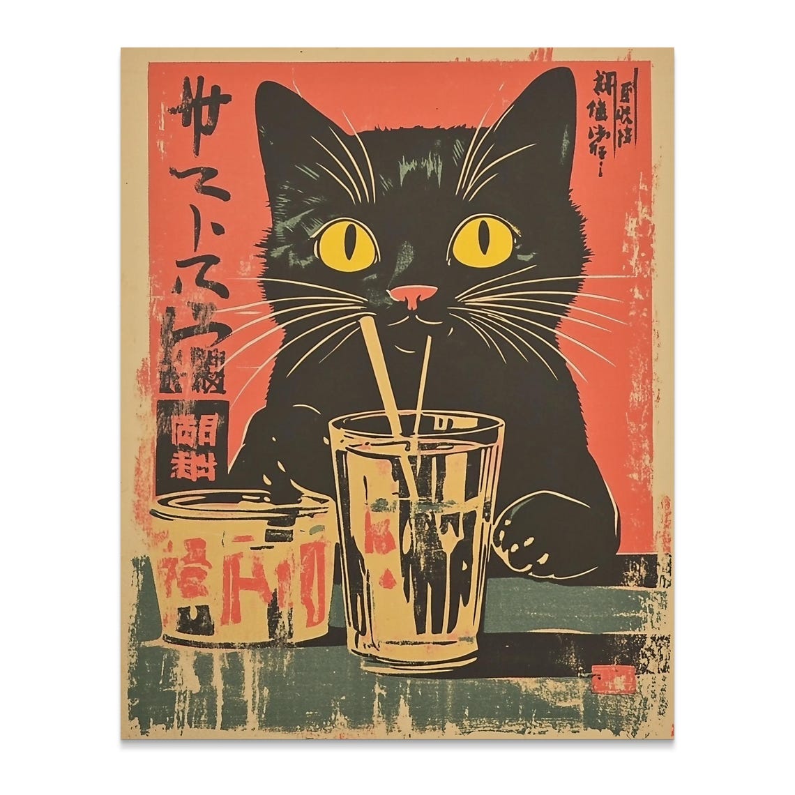 Black Cat Drinking Beer Retro Japanese Vintage Bar Art Poster - Image 2