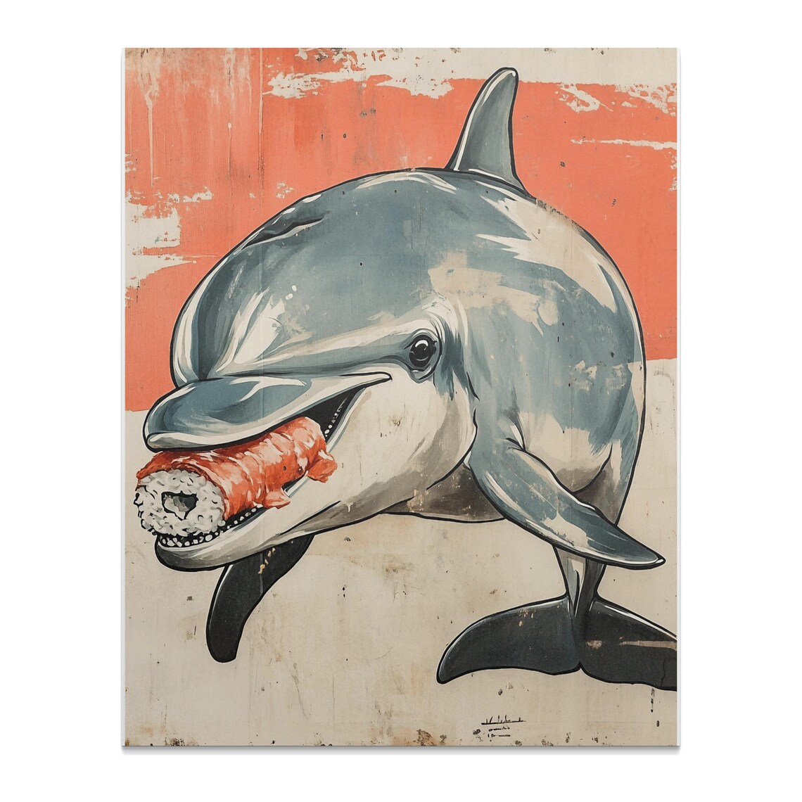 Playful Dolphin Biting Sushi Roll Vintage Retro Ocean Sea Life Art Poster - Image 2