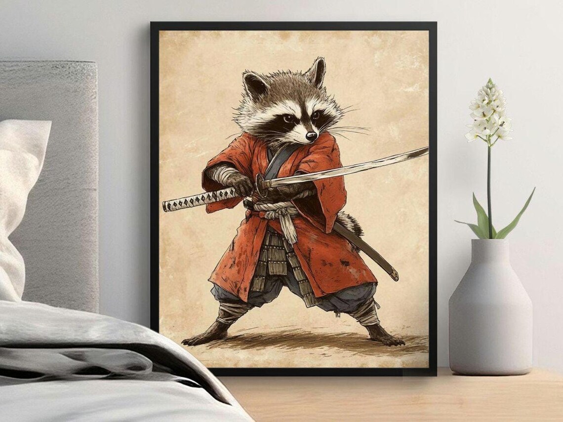 Samurai Raccoon In Red Kimono Drawing Katana Vintage Japanese Art Poster