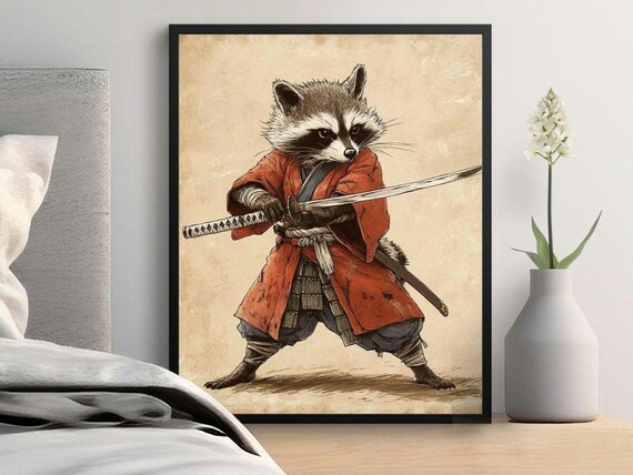 Samurai Raccoon In Red Kimono Drawing Katana Vintage Japanese Art Poster