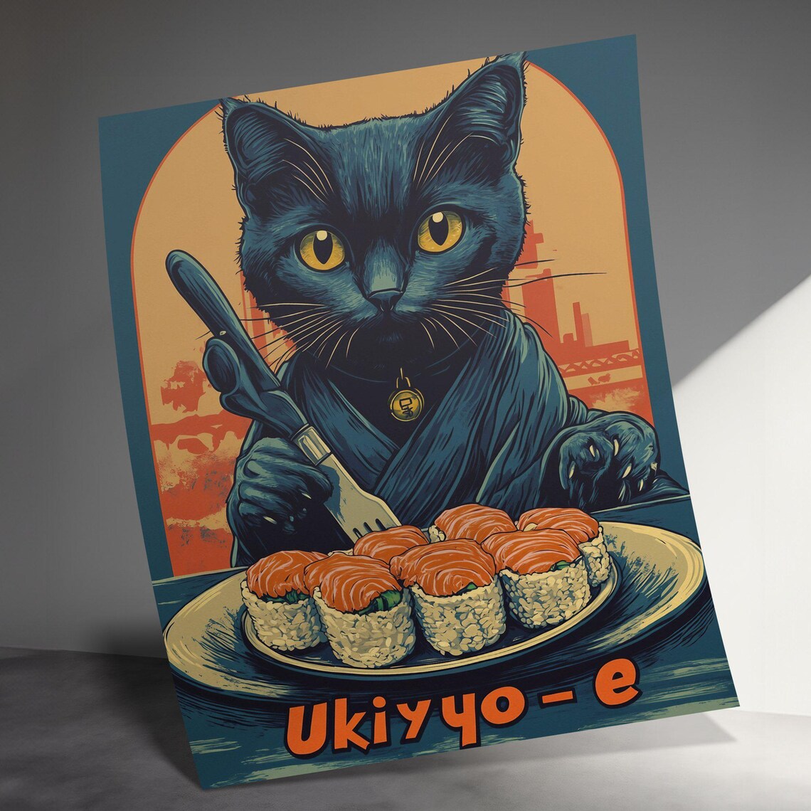 Black Cat Kimono Sushi Chef Ukiyoe Style Salmon Plate Art Poster - Image 2