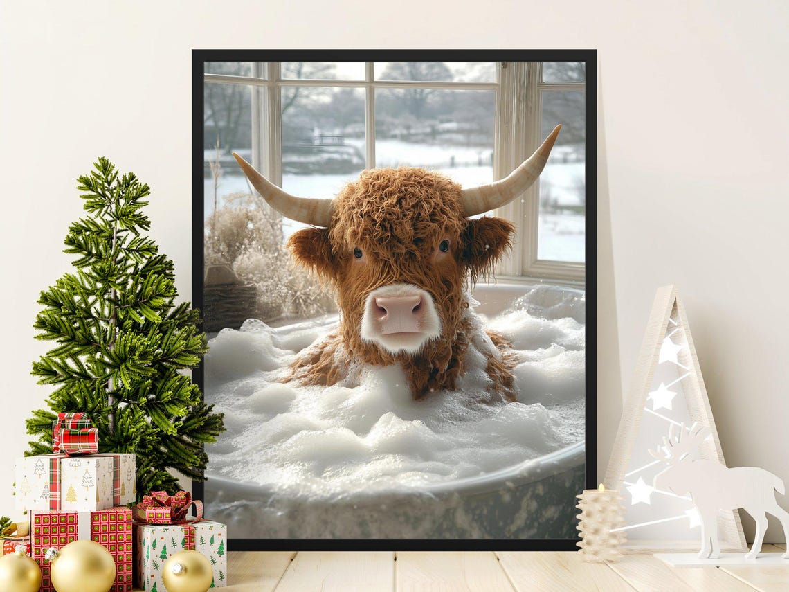 Highland Cow Bubble Bath Bathtub Funny Bathroom Decor Cute Cow Poster
