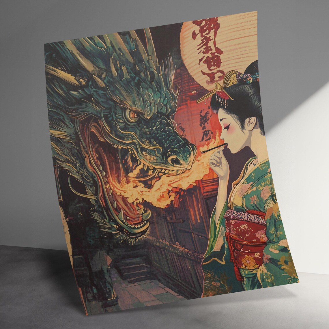 Japanese Dragon Breathing Fire Kimono Woman Lantern Fantasy Art Poster - Image 3