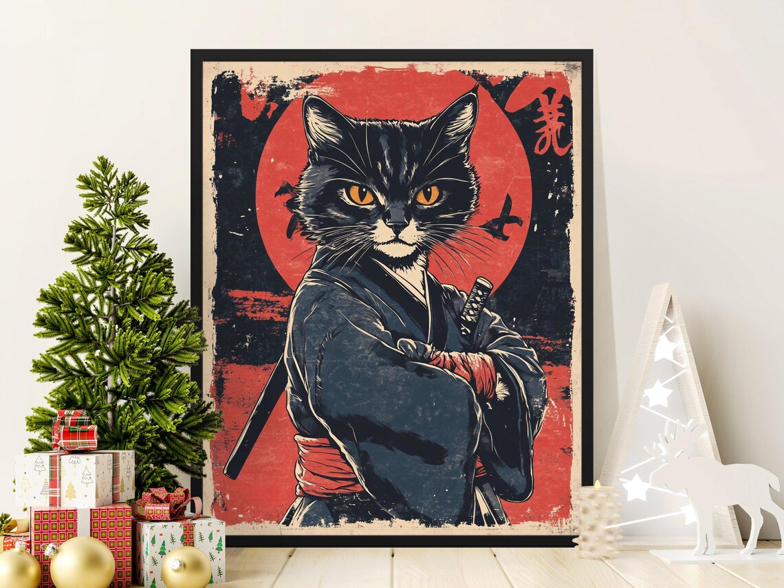 Black Samurai Cat Crossed Arms Red Sun Japanese Warrior Art Poster