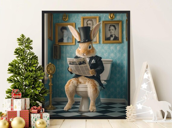 Gentleman Rabbit Reading Newspaper On Toilet Bathroom Humor Poster