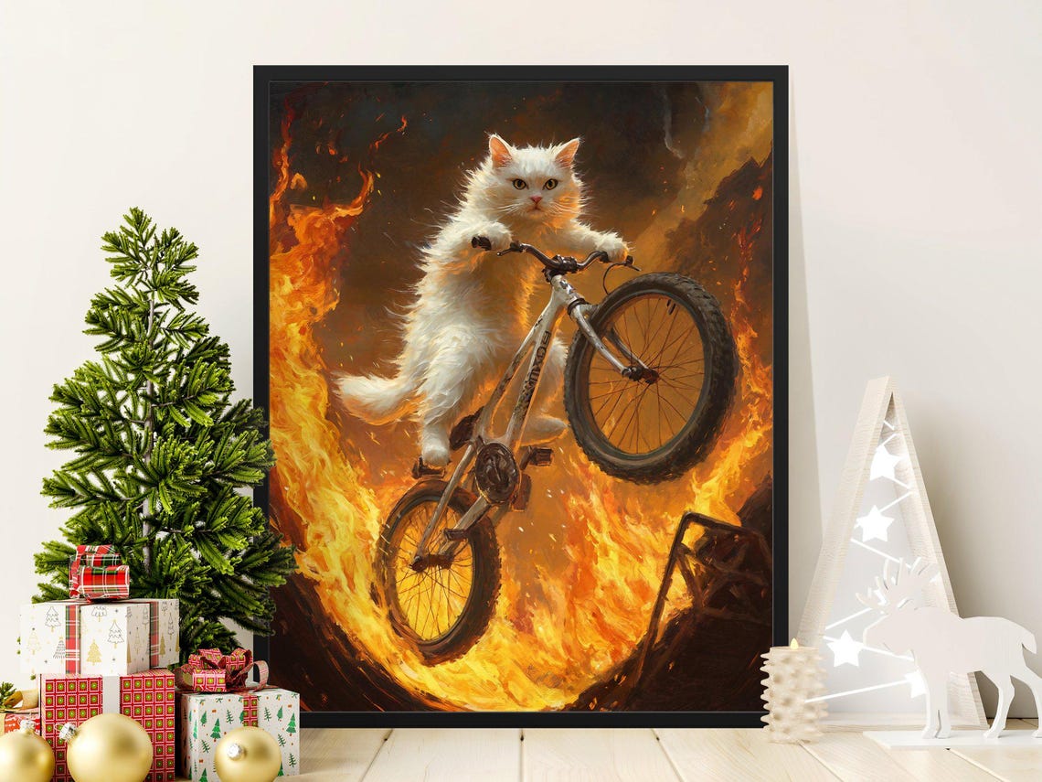 White Cat Riding BMX Bike Fire Ring Stunt Epic Fantasy Wall Art Poster