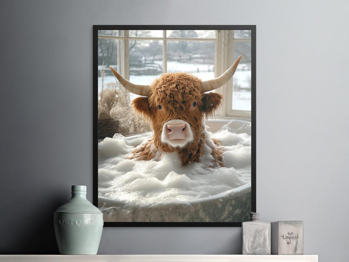 Highland Cow Bubble Bath Bathtub Funny Bathroom Decor Cute Cow Poster - Image 2