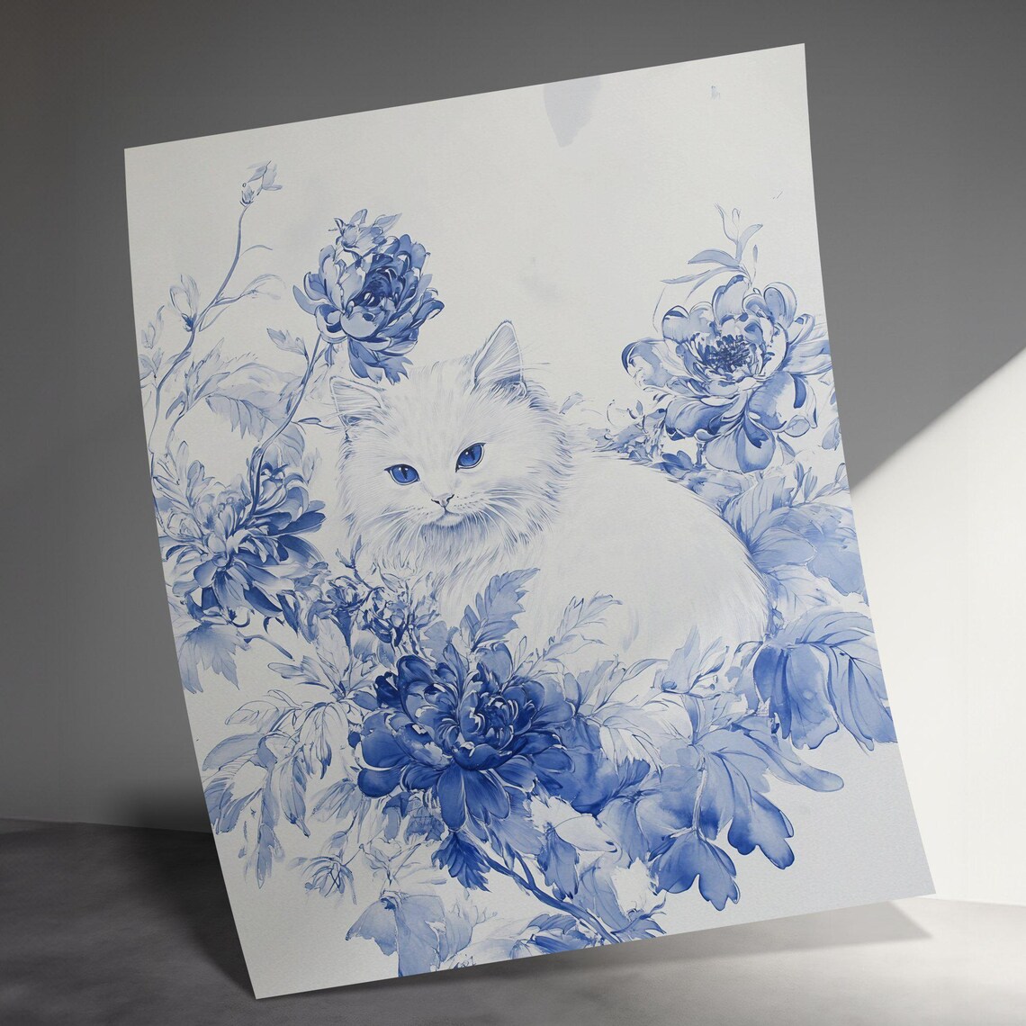 Elegant White Cat Blue Peony Flowers Watercolor Floral Wall Art Poster - Image 3