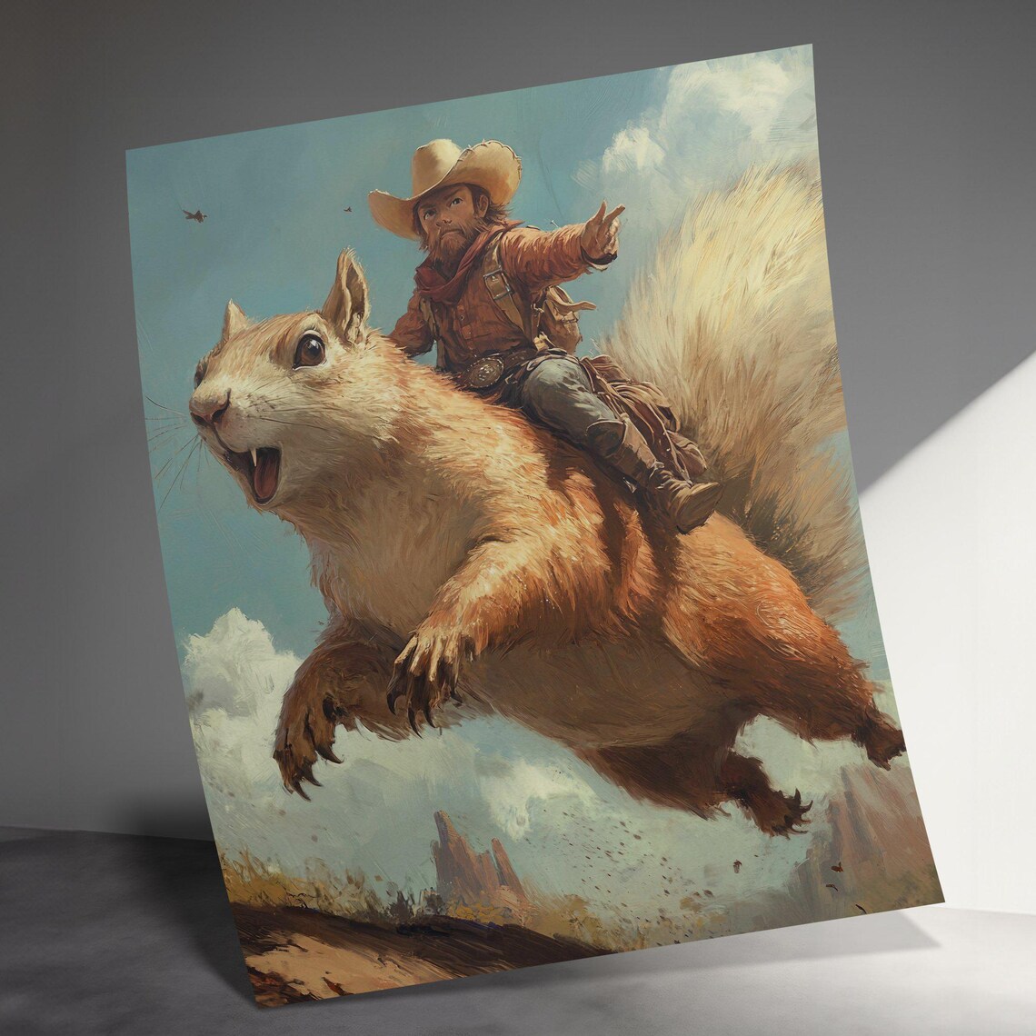 Cowboy Riding Giant Leaping Squirrel Cloud Sky Surreal Western Art Poster - Image 3