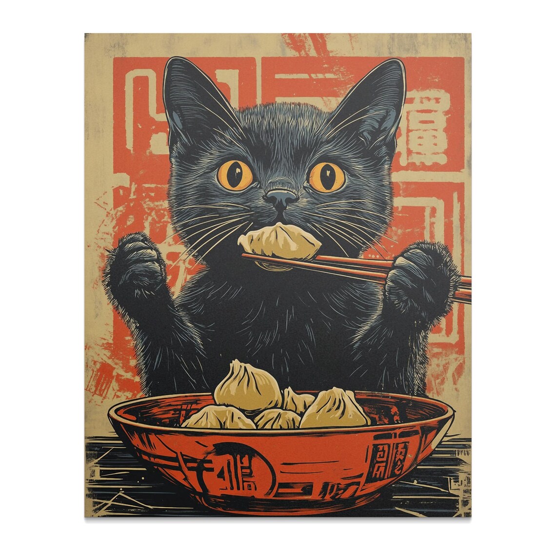 Black Cat Eating Dumplings With Chopsticks Retro Japanese Cat Poster - Image 2