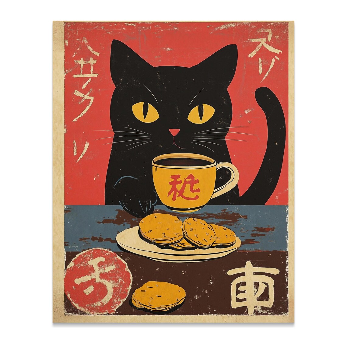 Black Cat Coffee And Cookies Japanese Retro Style Vintage Wall Poster - Image 2